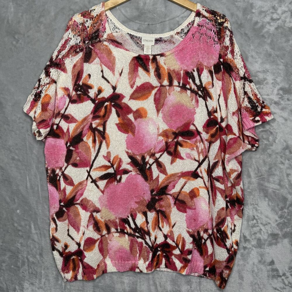 Chicos Sweater Womens XL Pink Floral Printed Short Sleeve Open Knit Top Pullover